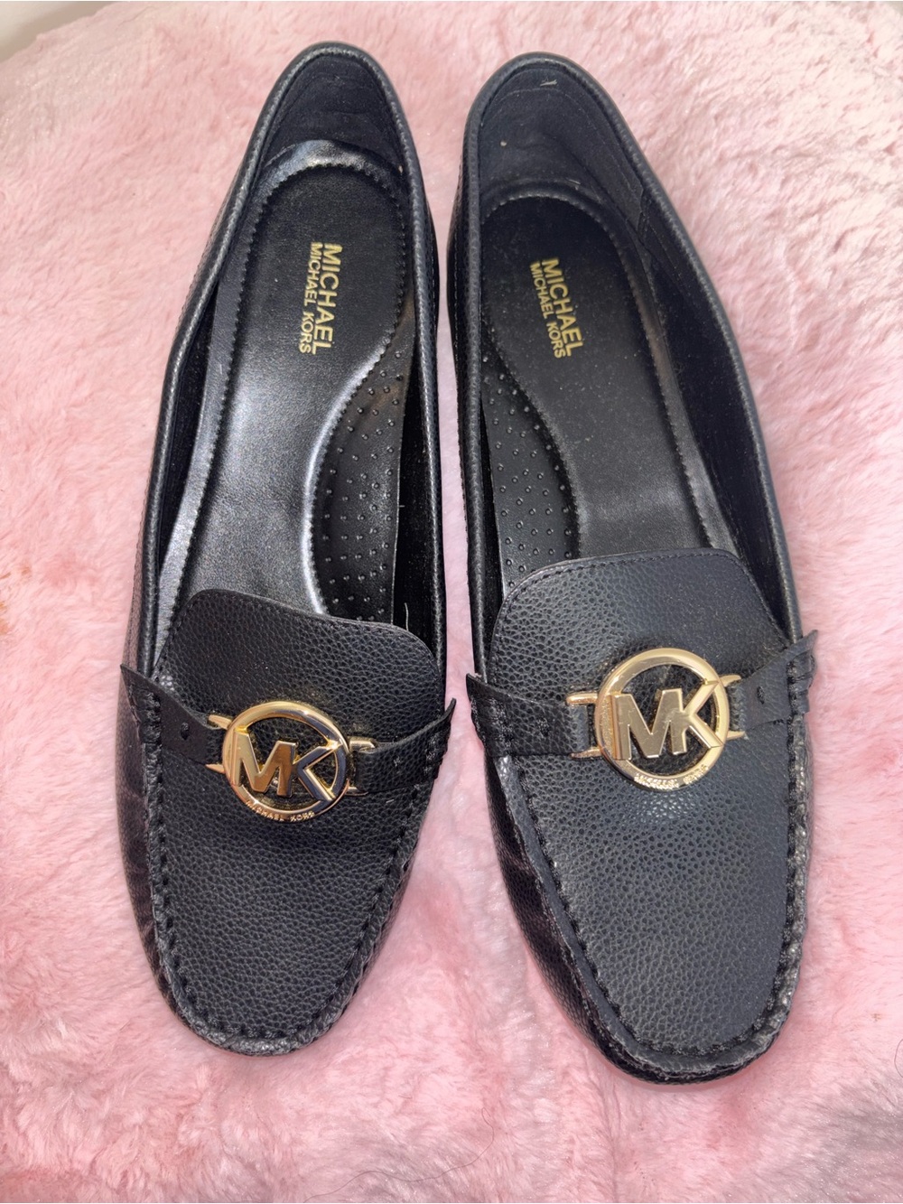 Michael Kors Black Leather MK Gold-Logo Loafers